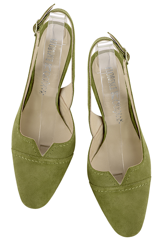 Pistachio green women's slingback shoes. Round toe. Medium comma heels. Top view - Florence KOOIJMAN